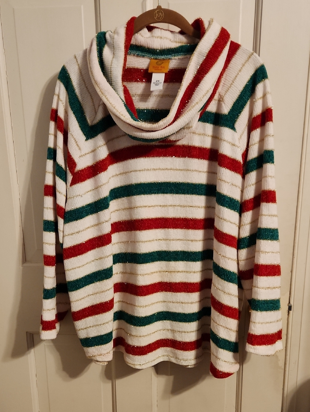 Ruby Rd. White Cowl Neck Festive Sweater with Red & Green Stripes